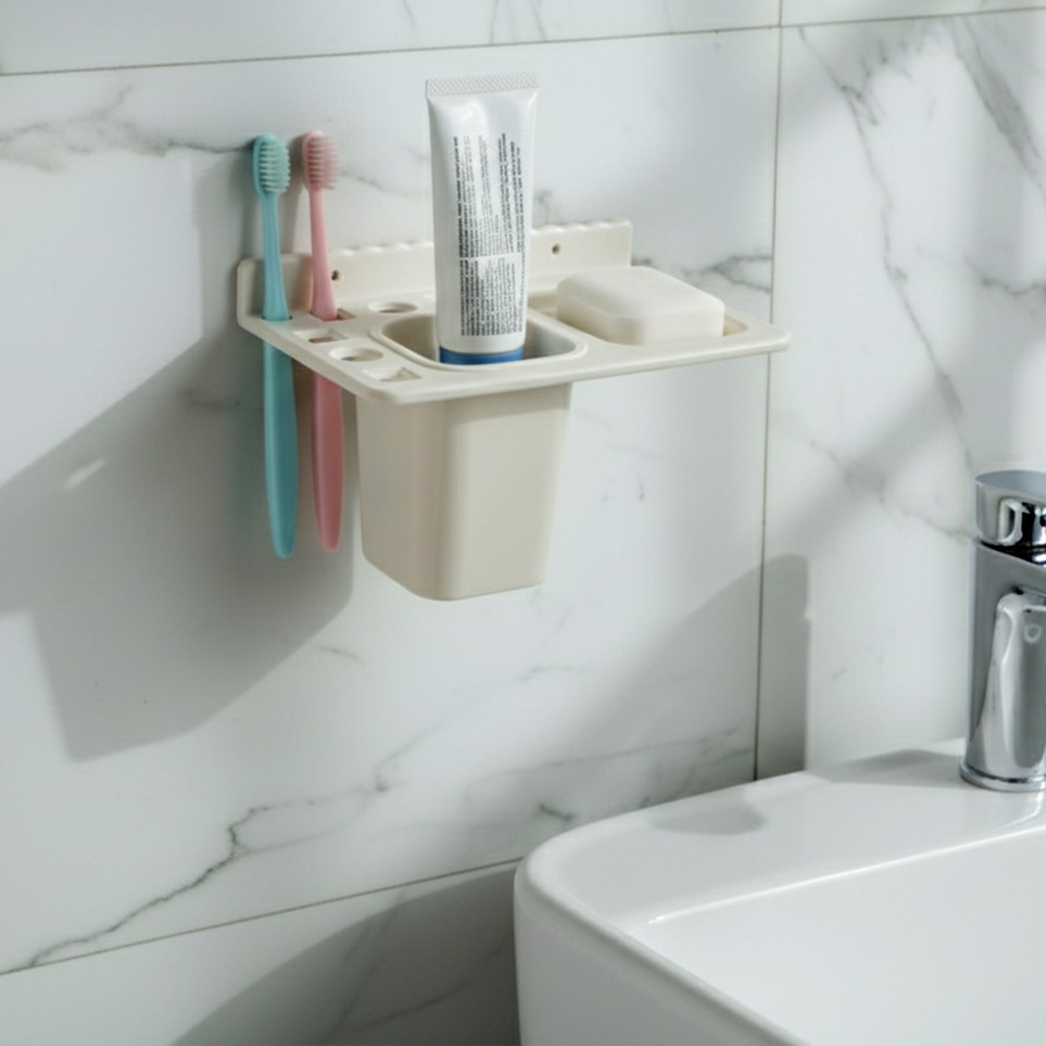 3in1 Wall Mounted Multi-Compartment Toothbrush & Soap Holder with Cup (1 Pc)